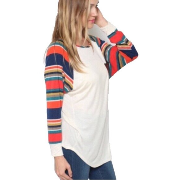Hi Low Shirt Women Small Sequin Pocket Striped Arm Long Sleeve - Picture 2 of 2